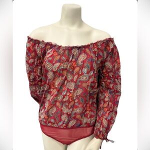 Free People Boho Paisley Print Bodysuit Blouse Red Peasant Top Women’s XS